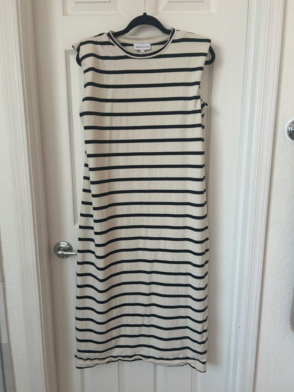 Gibson Latimer Black and Cream Striped Sleeveless Maxi Dress (ankle lenght).